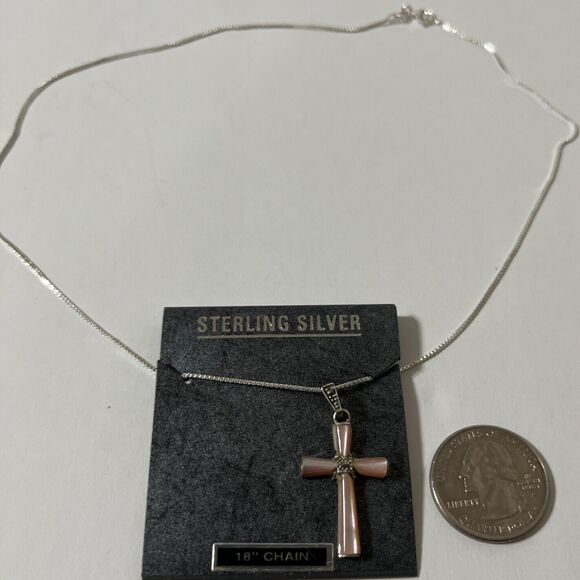 Sterling Silver 18” Chain With Pink Inlay Cross.. - Picture 4 of 6